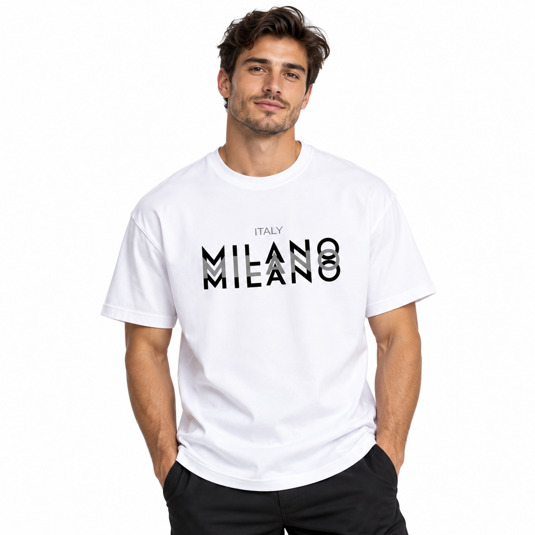 Male model wearing the white Milano cotton T-shirt on a white studio background.
