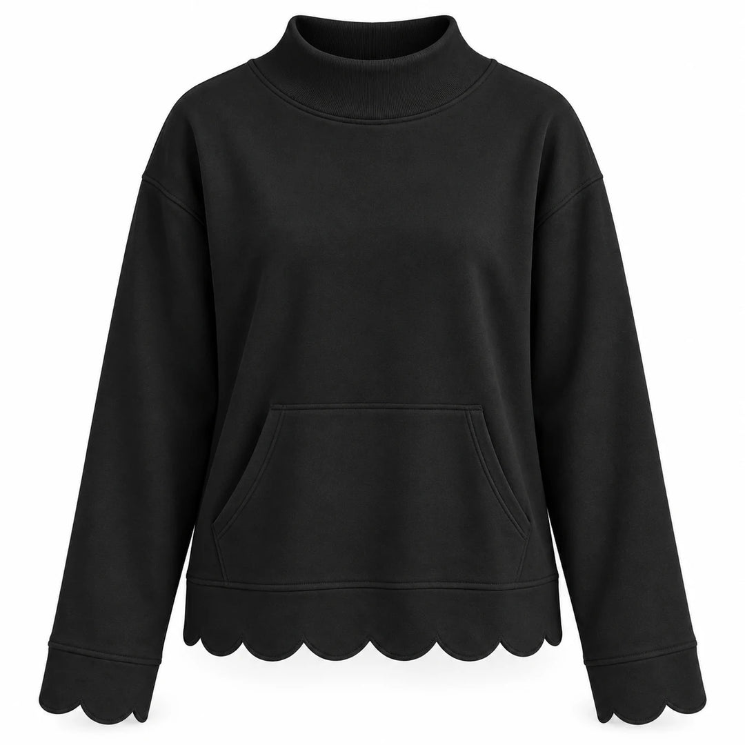 A black mock neck sweatshirt alone from the front on white, with a kangaroo pocket, long sleeves and scalloped cuffs and hem.