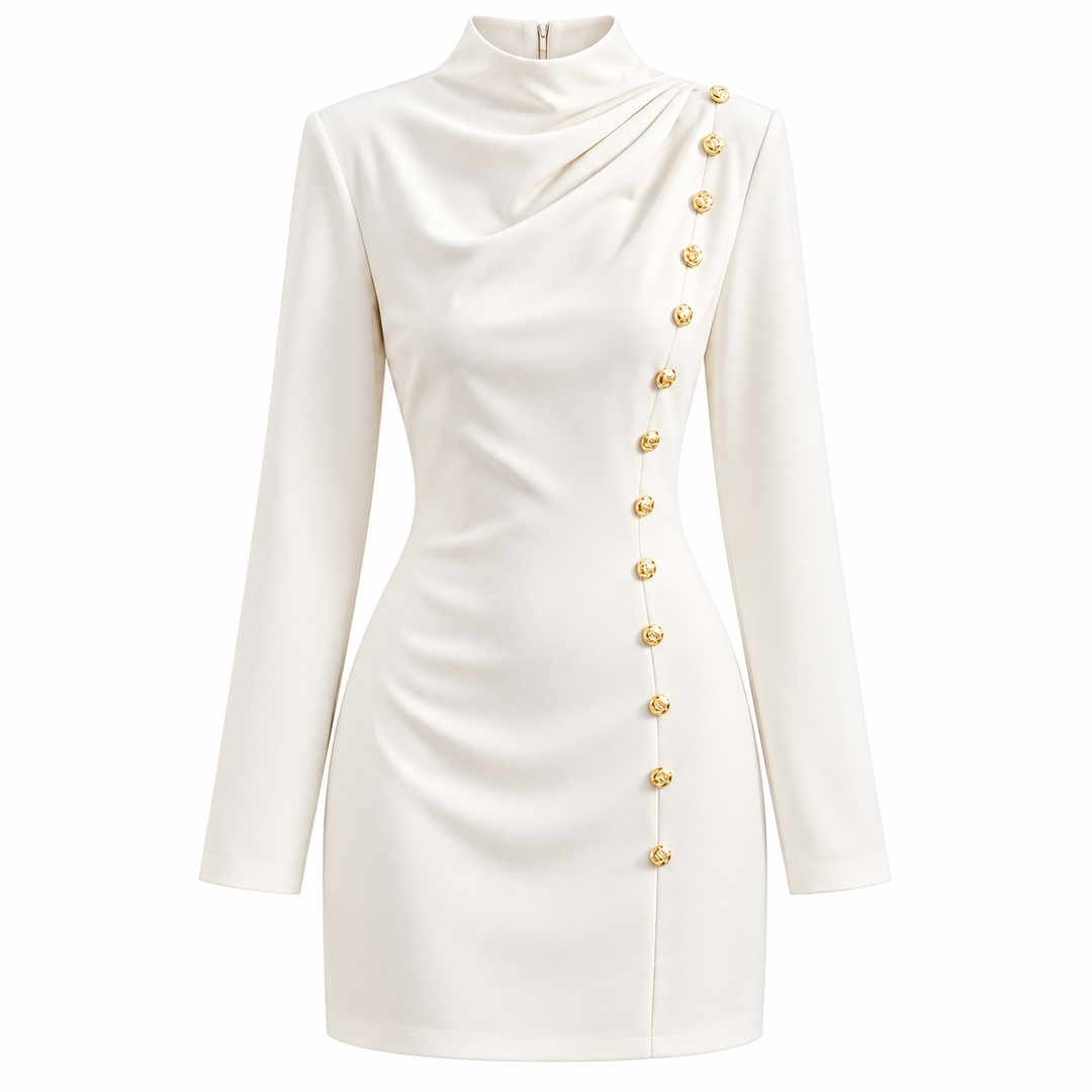 White dress isolated front view with diagonal button detail