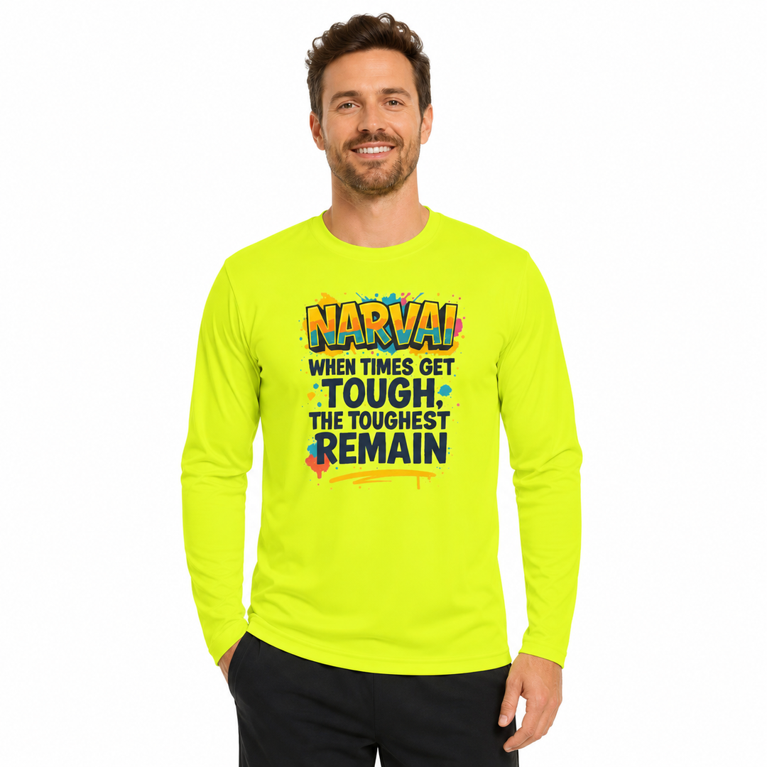 Neon Yellow motivational tee on man with colorful quote print, long sleeves and athletic fit on a clean white studio background