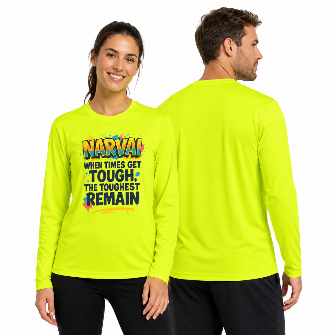 Neon Yellow motivational long sleeve tee shown on woman and man together with colorful quote print on a clean white background