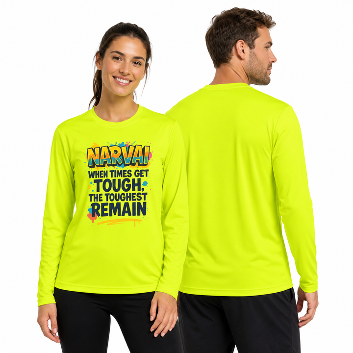 Neon Yellow motivational long sleeve tee shown on woman and man together with colorful quote print on a clean white background