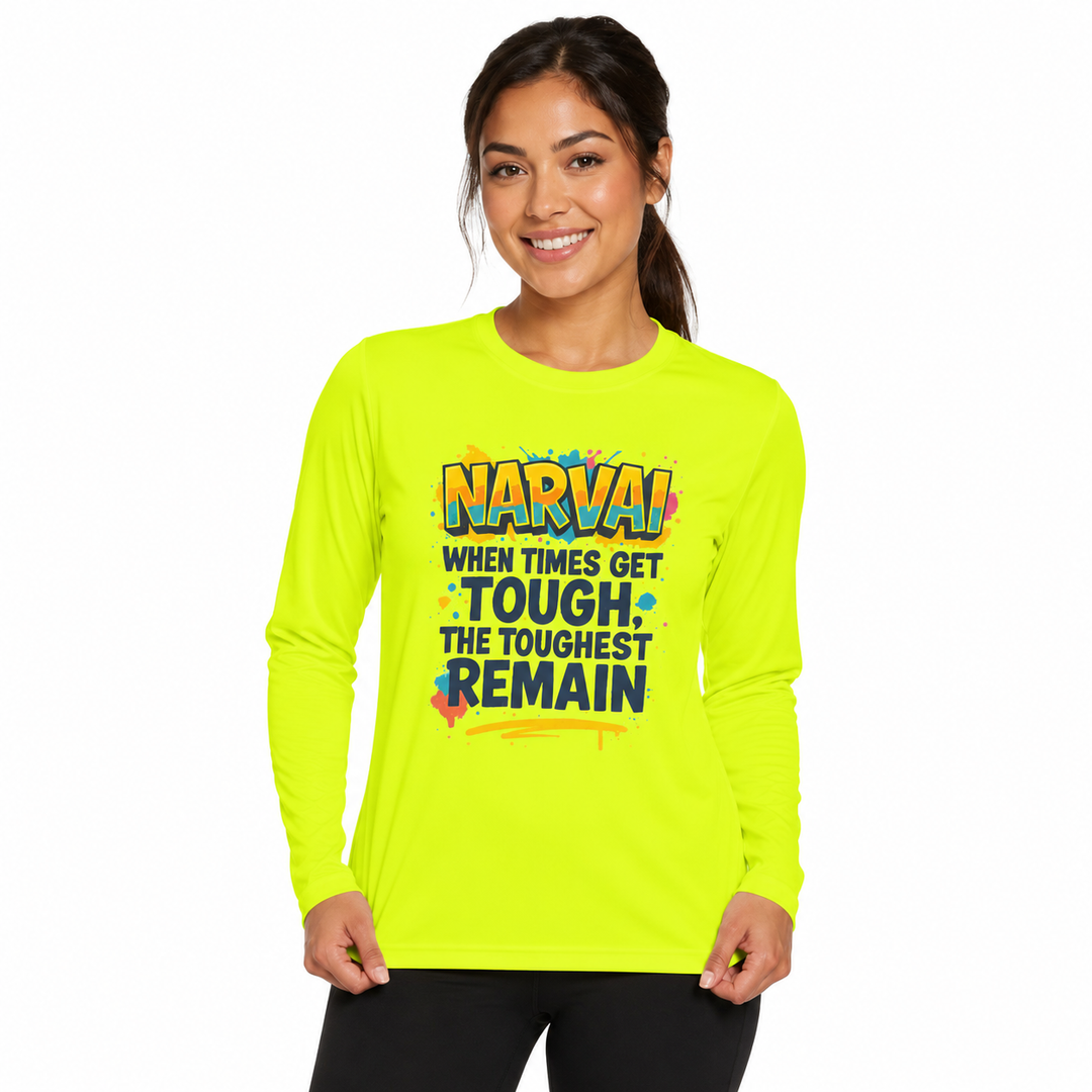 Neon Yellow motivational tee on woman with colorful quote print, long sleeves and athletic fit on a clean white studio background