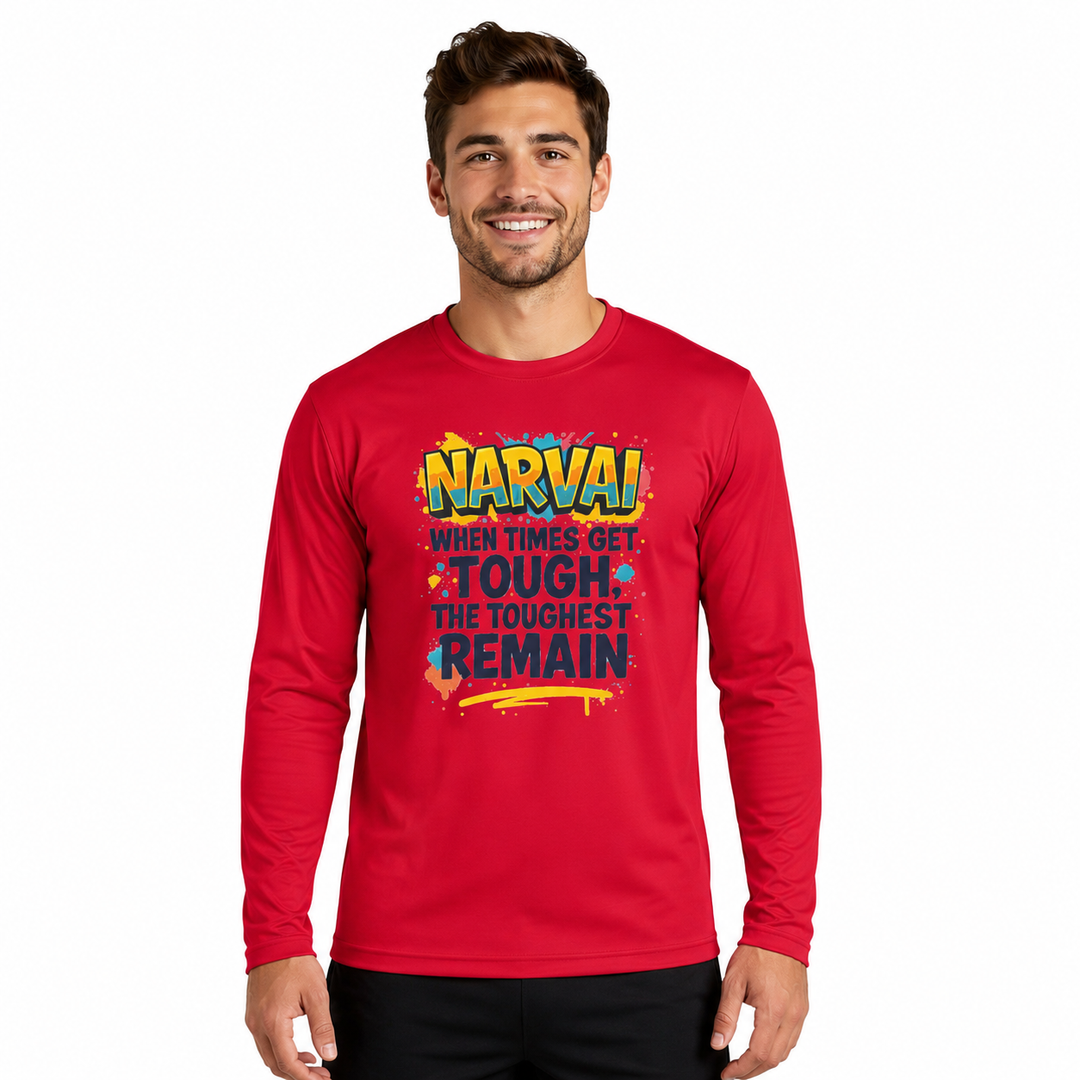 True Red motivational long sleeve tee on man with colorful quote graphic and athletic fit on a clean white studio background