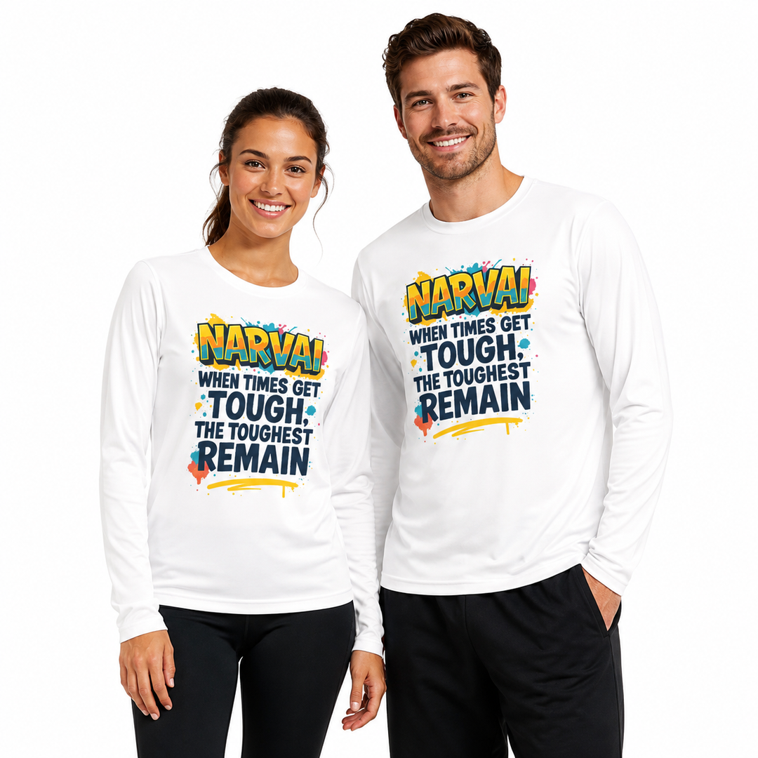 True Red motivational long sleeve tees on woman and man together with colorful quote print on a clean white studio background