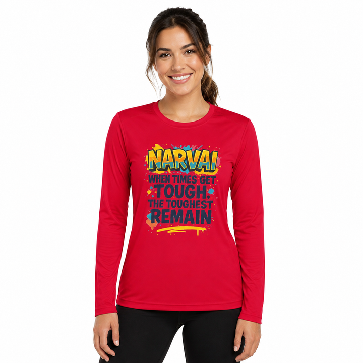 True Red motivational long sleeve tee on woman with colorful quote graphic and athletic fit on a clean white studio background