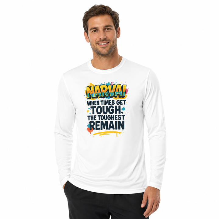 White motivational long sleeve tee on man with colorful quote graphic and clean crew neckline on a white studio background