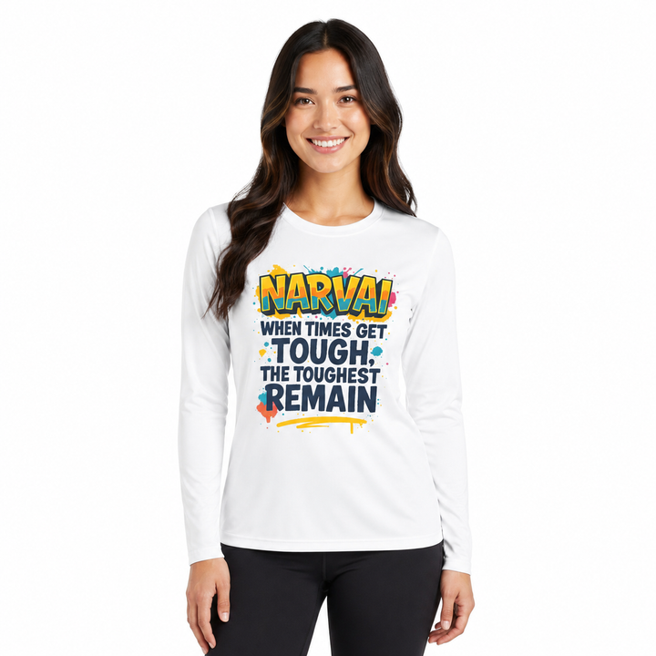 White motivational long sleeve tee on woman with colorful quote graphic and clean crew neckline on a white studio background