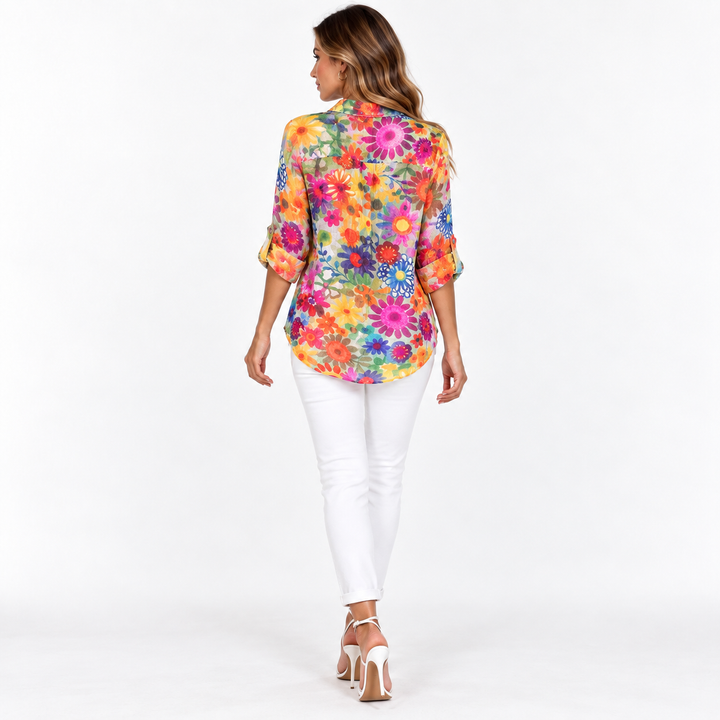 Multicolor floral print long-sleeve shirt back view on model