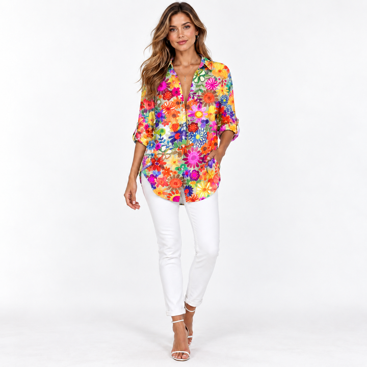 Multicolor floral print long-sleeve shirt front view on model