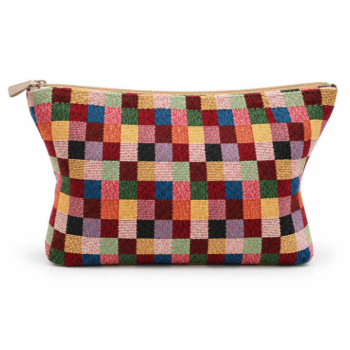 Large Multicolor Plaid cosmetic bag shown from the back with beige zipper on a white background.