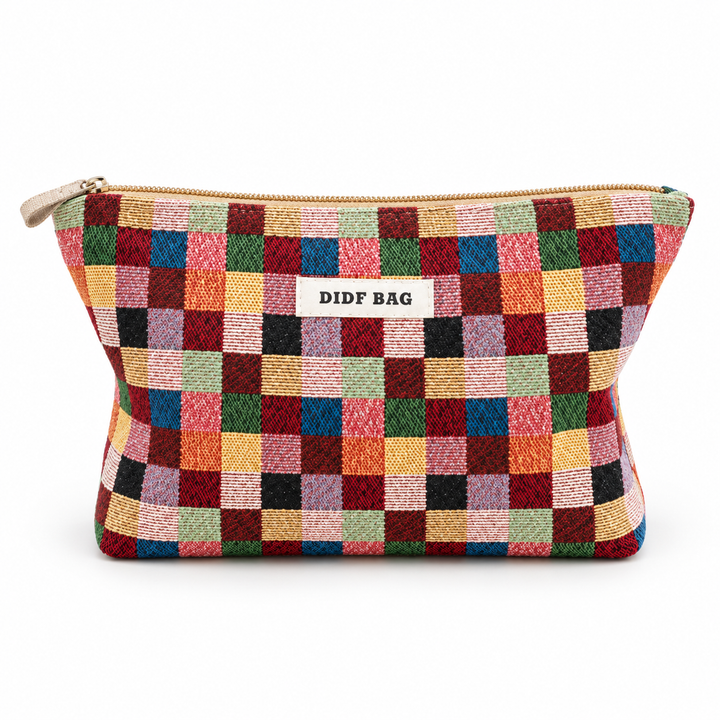 Large Multicolor Plaid makeup bag shown closed from the front on a clean white studio background.