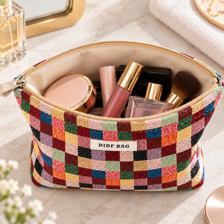 Open Multicolor Plaid cosmetic bag showing the cream canvas lining, beige zipper and cosmetics inside.