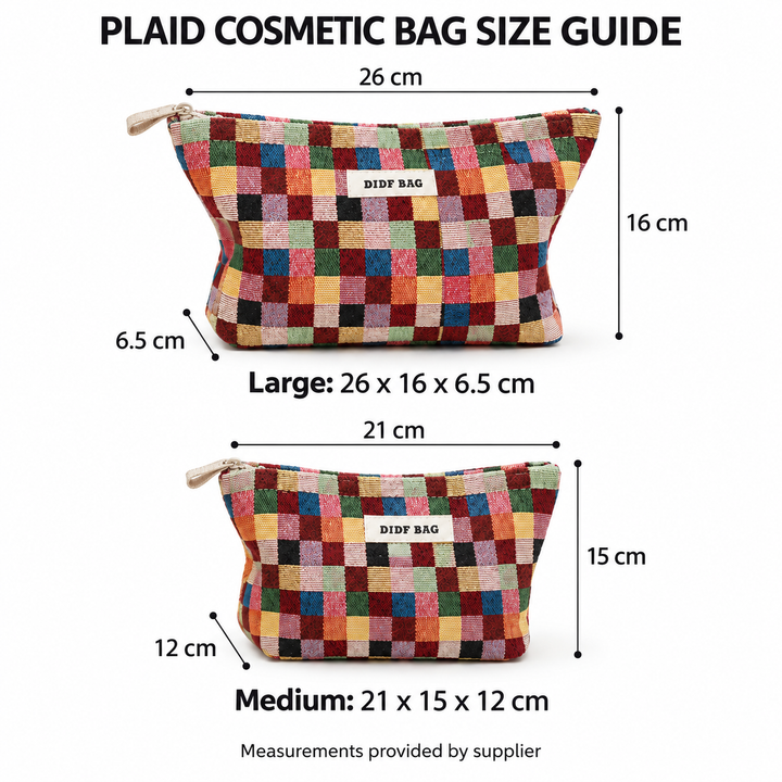 Cosmetic bag size guide showing Large 26 x 16 x 6.5 cm and Medium 21 x 15 x 12 cm supplier measurements.
