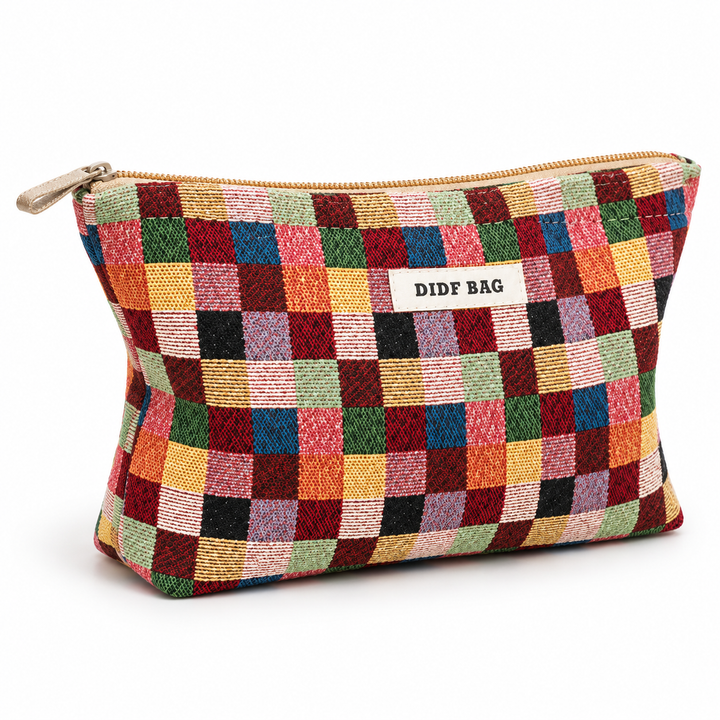 Multicolor Plaid makeup organizer in a three-quarter studio view showing the pouch shape and zipper line.