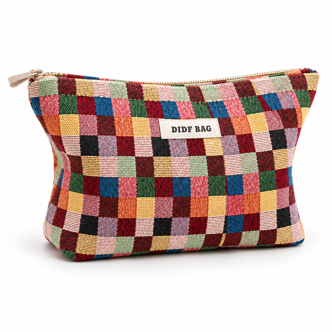 Travel cosmetic bag in Multicolor Plaid, large size, front three-quarter studio view on a clean white background.