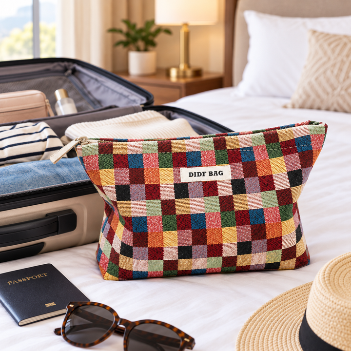 Multicolor Plaid travel cosmetic bag beside an open suitcase in a bright hotel-style packing scene.