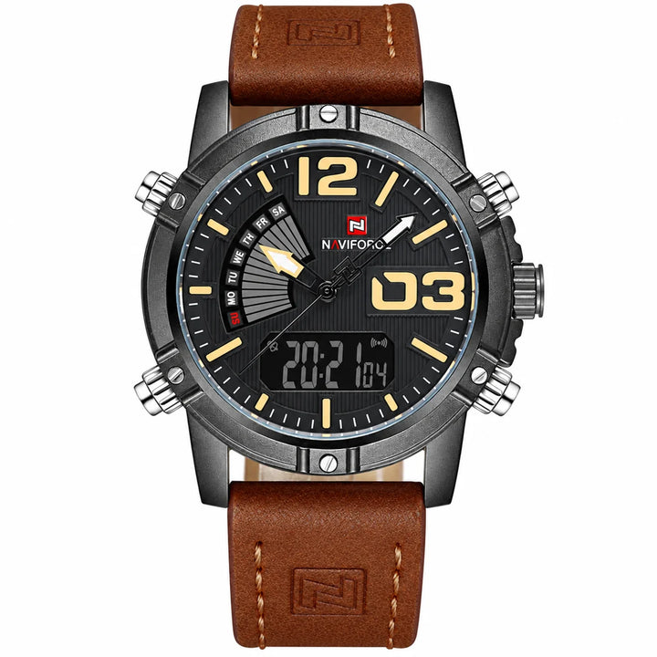 Front view of a brown leather strap watch on white, showing gold-tone numerals, weekday fan, analog hands and digital screen.