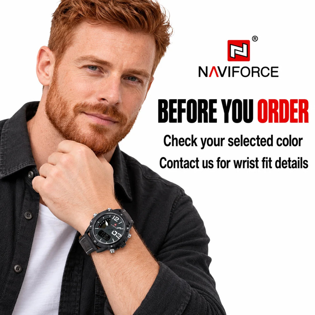 Red-haired male model wearing the charcoal and white watch beside buyer guidance to check color and contact us for wrist fit.