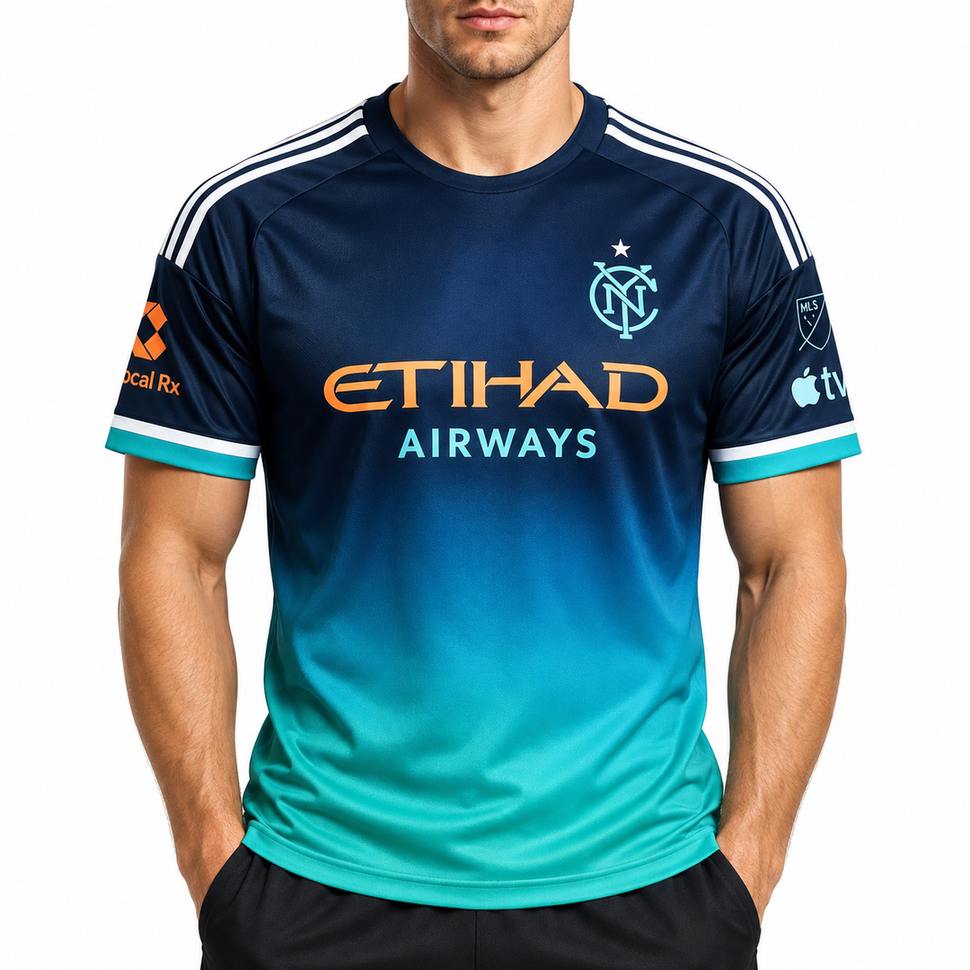 Navy teal gradient football fan jersey chest detail