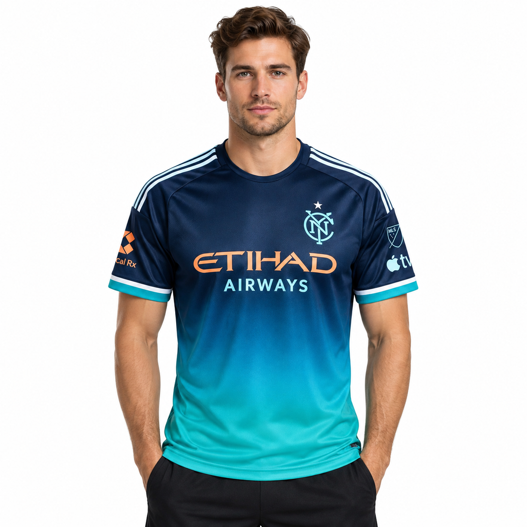 Navy teal gradient football fan jersey shown on male model
