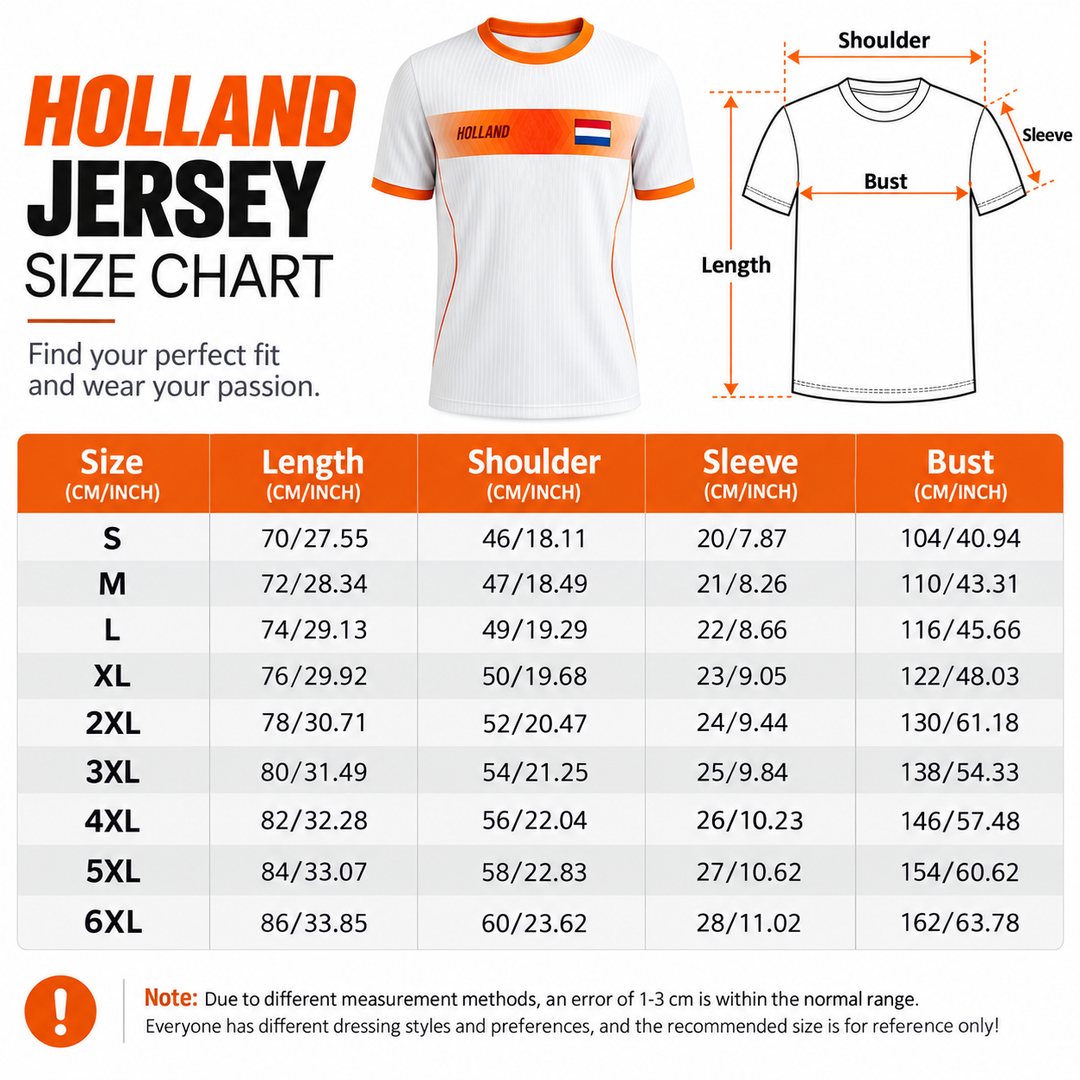 Netherlands football jersey size chart with verified measurements