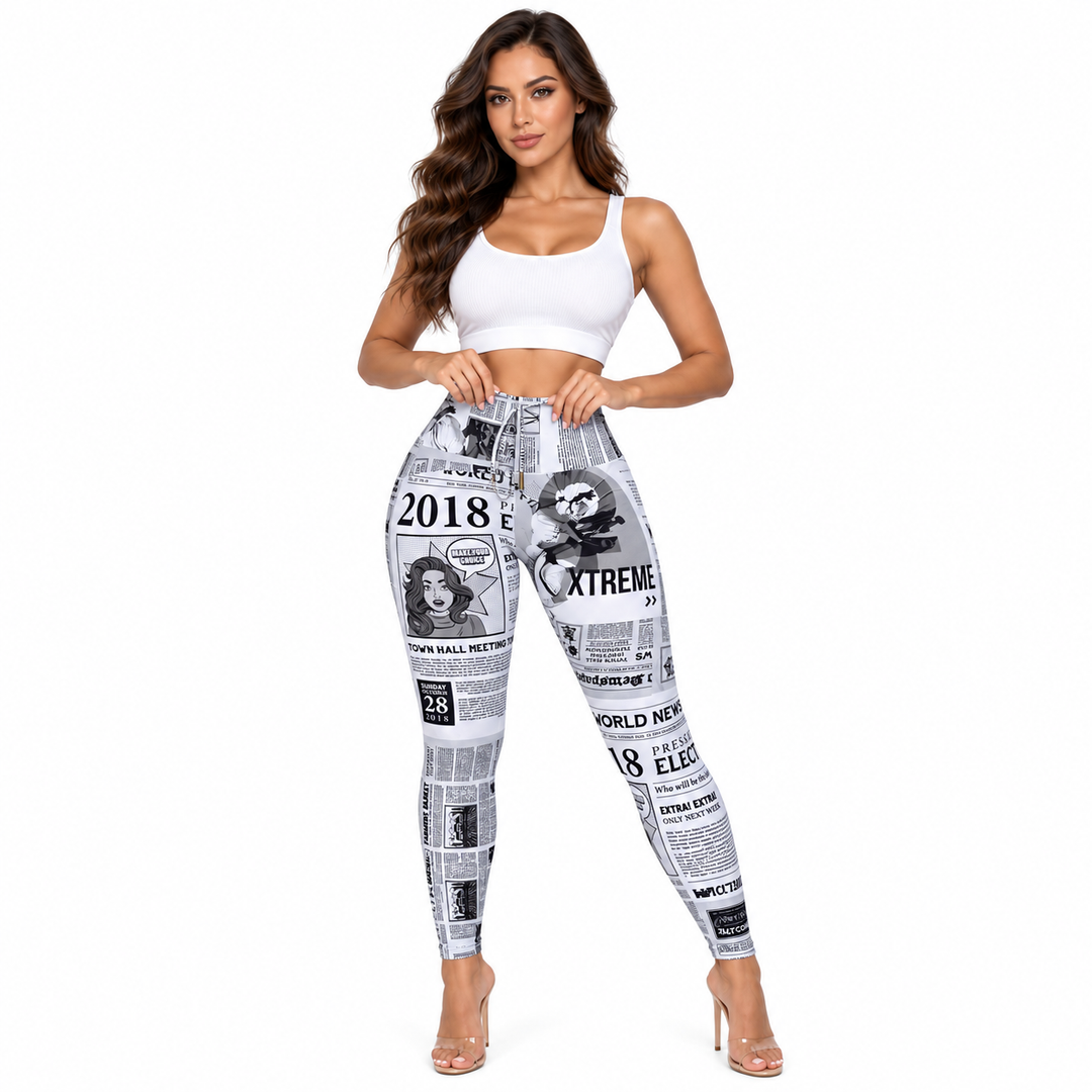 Newspaper print leggings in White, full-body back view