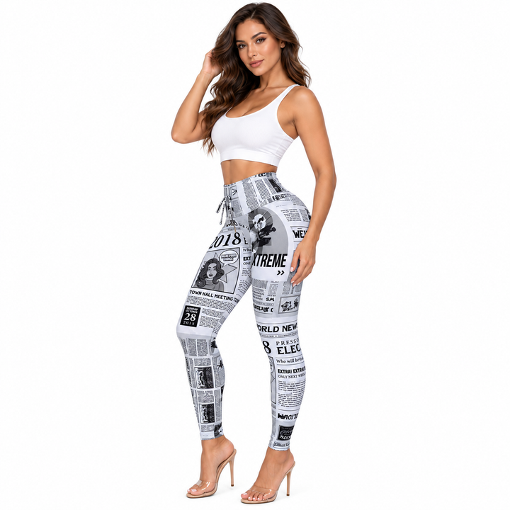 White newspaper graphic leggings three-quarter side view
