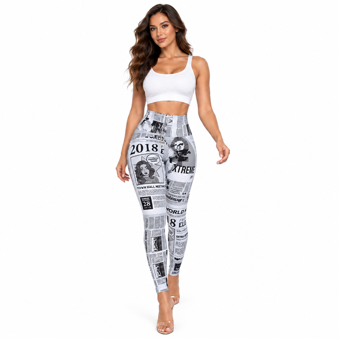 White high waist graphic leggings styled studio view