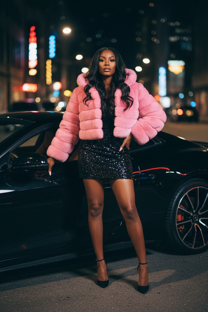 Plus size hooded faux fur coat for women shown in S-6XL sizing with a short length, long sleeves and comfortable regular fit.