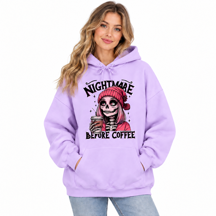 Nightmare Before Coffee lavender hoodie on model