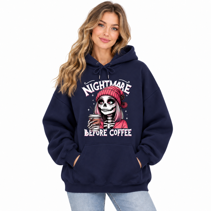 Nightmare Before Coffee navy hoodie on model