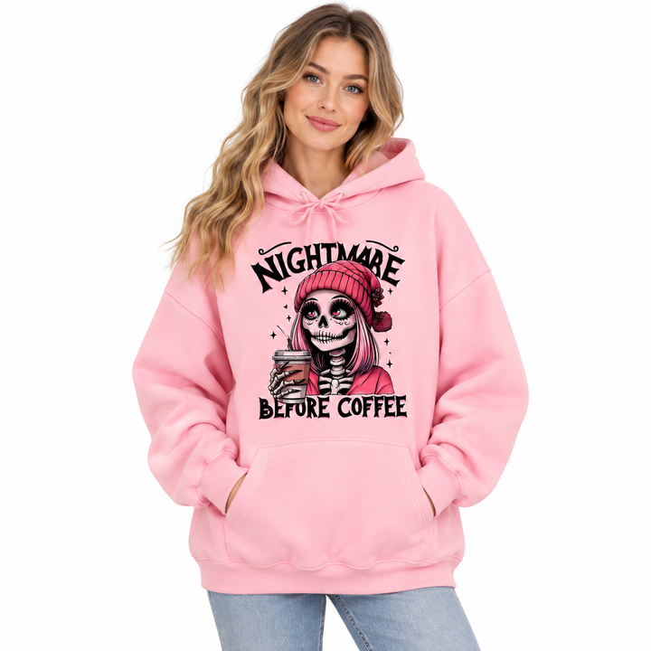 Nightmare Before Coffee hoodie in light pink on model