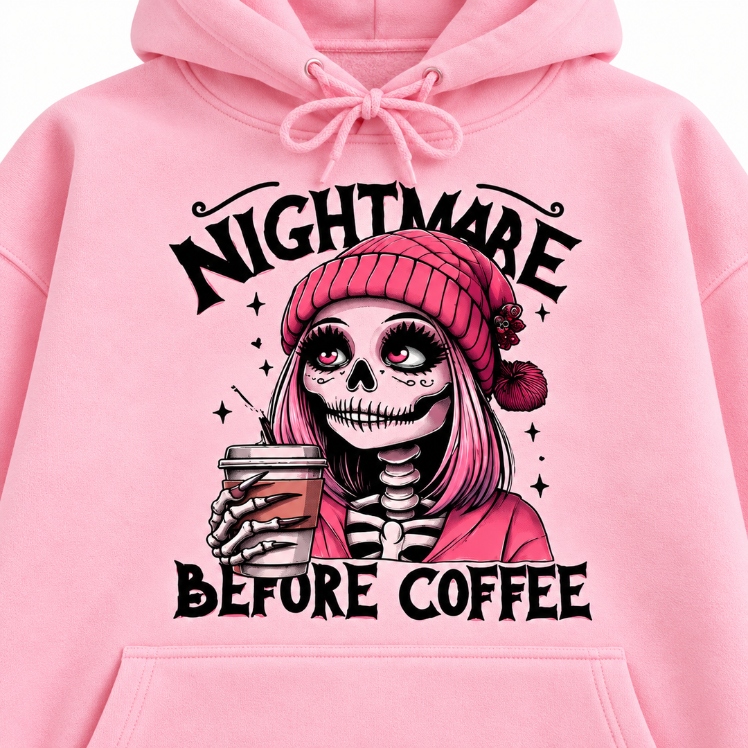 Nightmare Before Coffee hoodie print and fabric detail