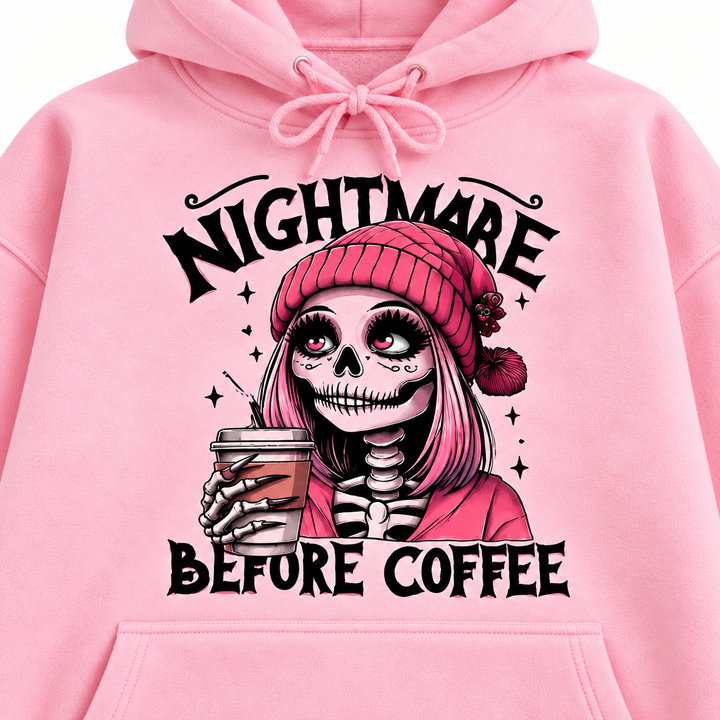 Nightmare Before Coffee hoodie print and fabric detail