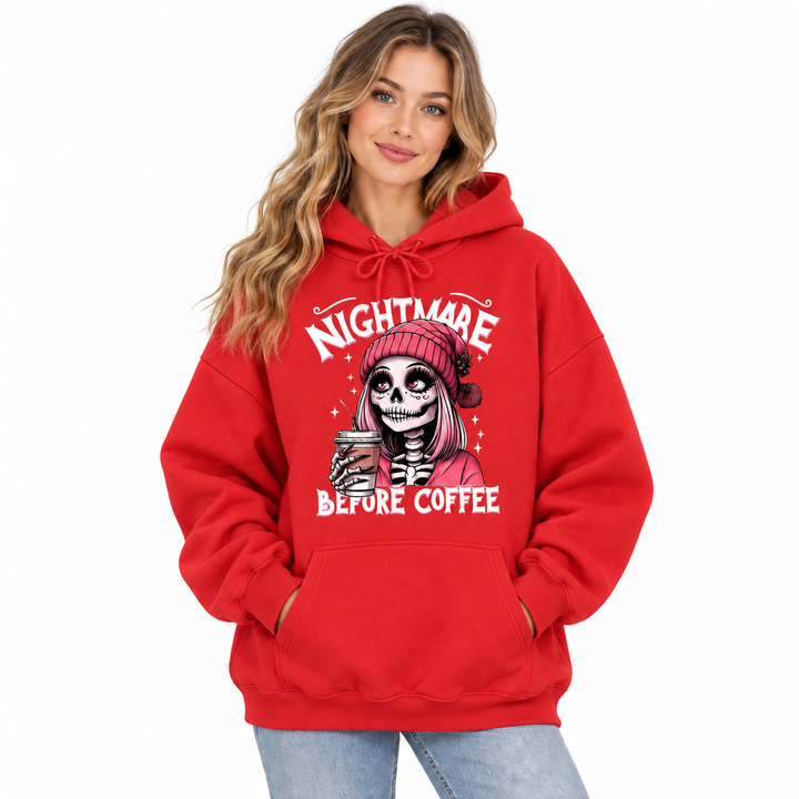 Nightmare Before Coffee red hoodie on model