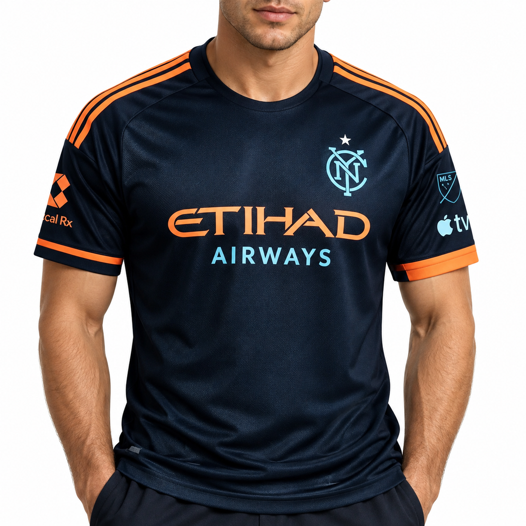 NYCFC jersey navy orange chest and sleeve detail