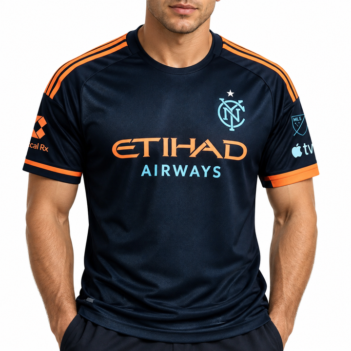 NYCFC jersey navy orange chest and sleeve detail