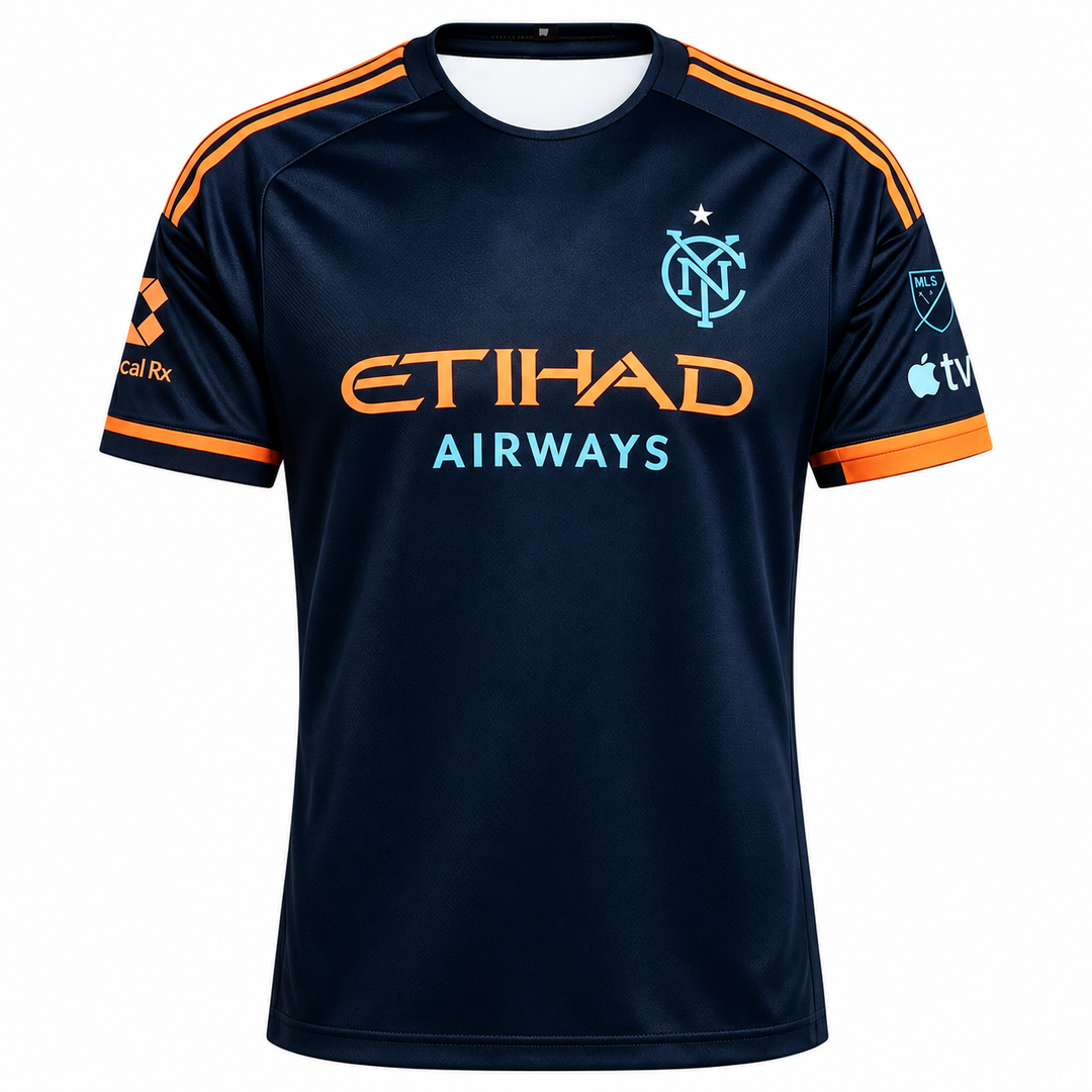 NYCFC jersey navy orange front view on white background
