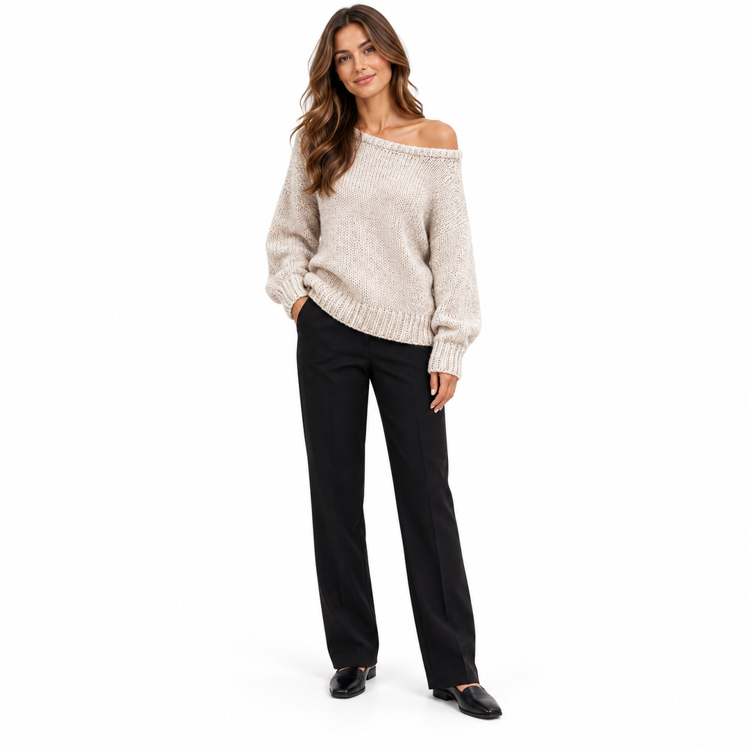 Photo of off shoulder sweater in apricot, front view, showing the original garment style, on a clean white studio background.