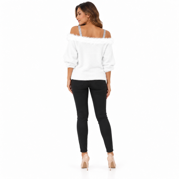 White cropped off shoulder top alternate front view