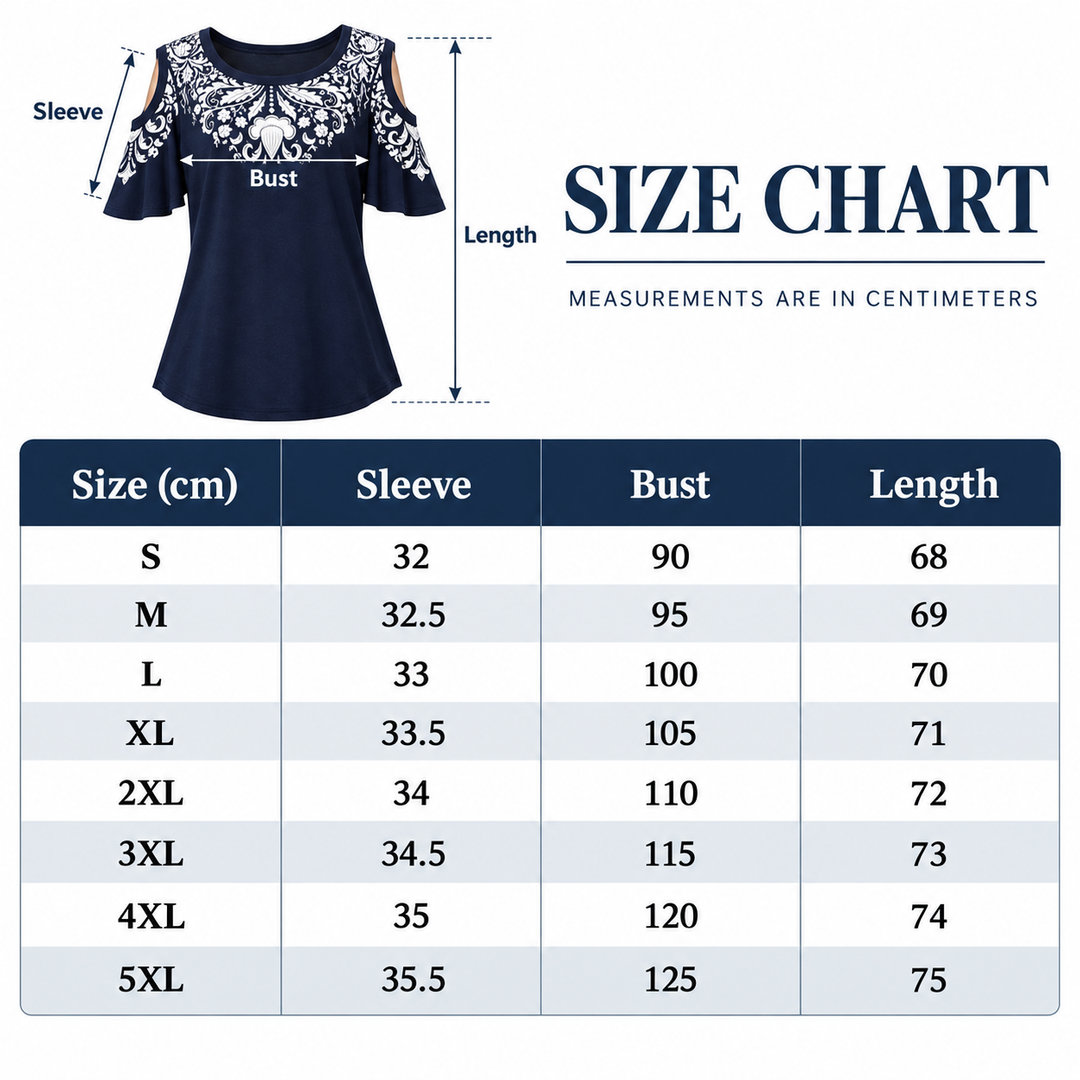 Off shoulder printed top size chart for S to 5XL