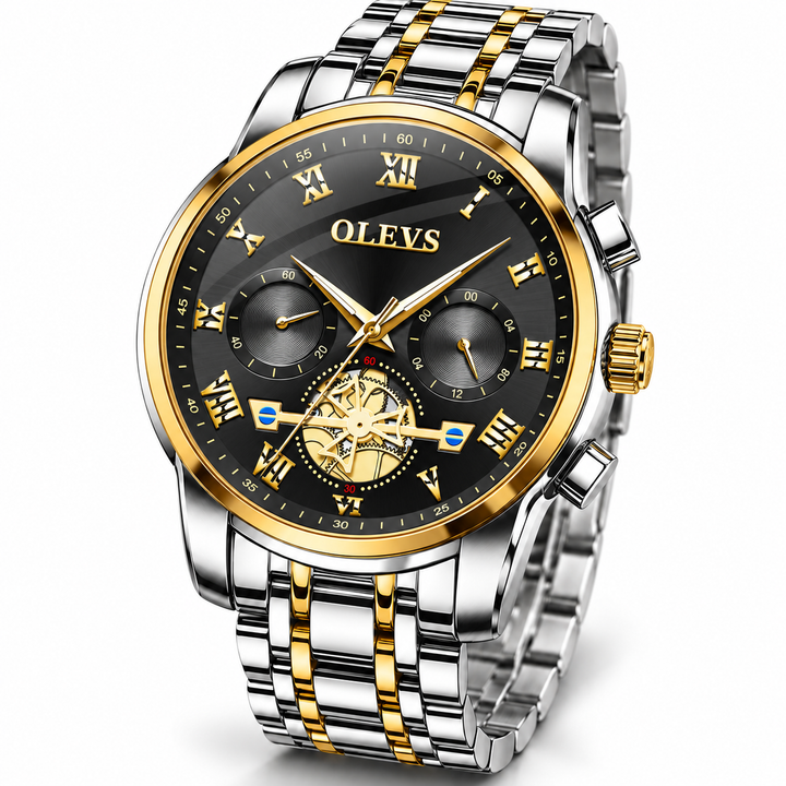 OLEVS silver and gold bracelet watch with black dial, front view