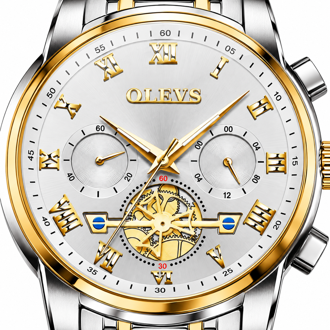 OLEVS two tone watch with white dial in angled close view