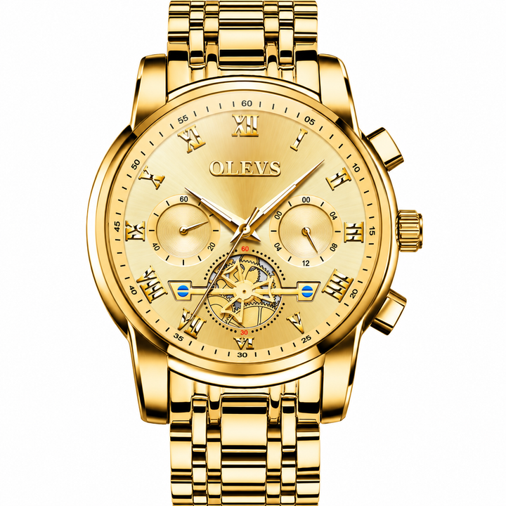 OLEVS silver and gold watch dial close up with two small subdials