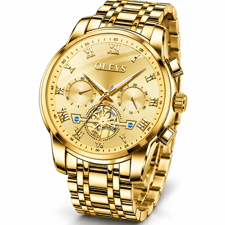 OLEVS gold tone metal bracelet watch with matching gold dial, front view