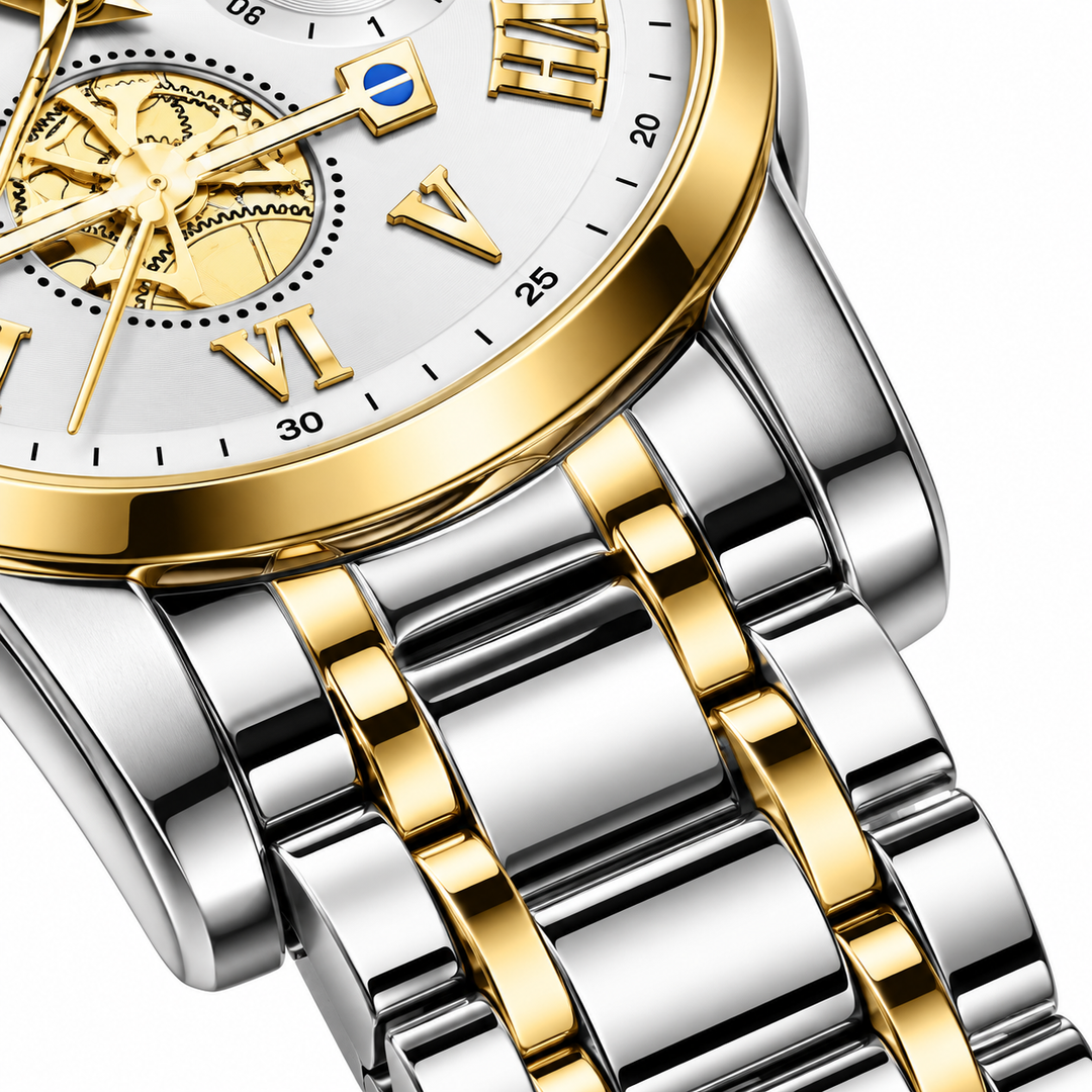 OLEVS silver and gold watch close up of metal bracelet links