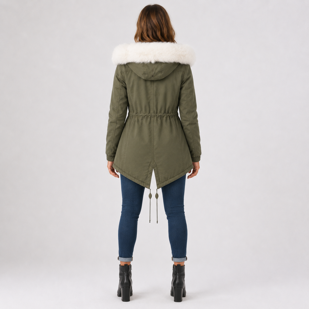 Olive green hooded coat back view on a female model showing white hood trim, long sleeves, shaped waist, and longer back hem.
