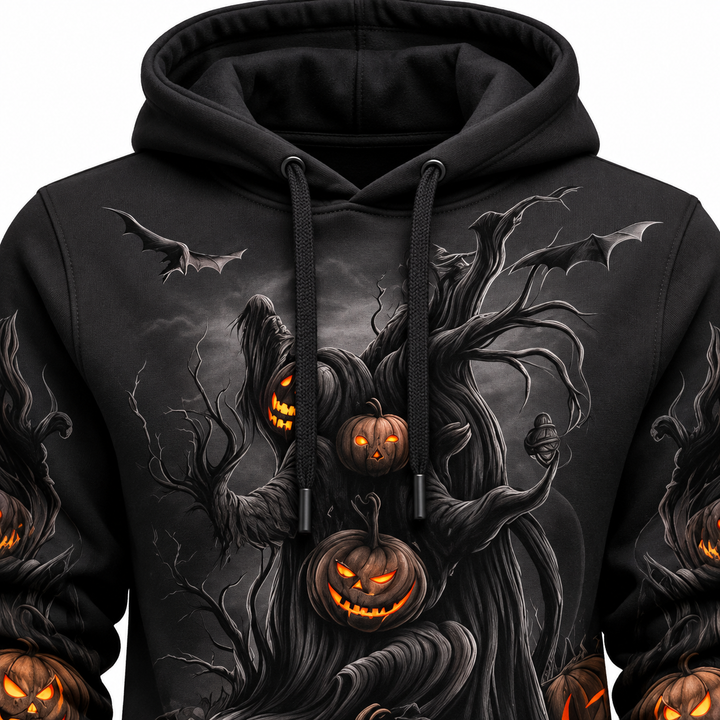 Close-up of orange haunted tree hoodie print, drawstrings and stitching