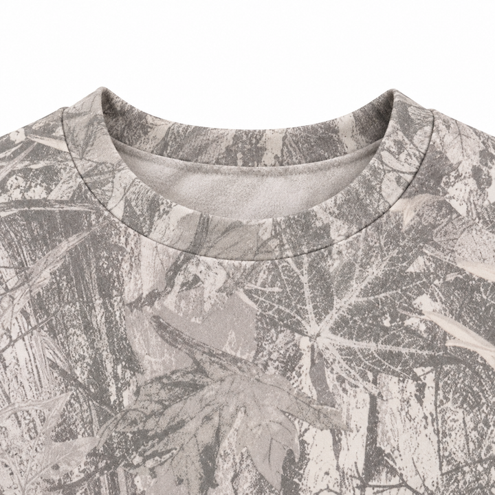 Close-up of the grey printed sweatshirt neckline, showing a crew neck edge and branch pattern against a plain white backdrop.
